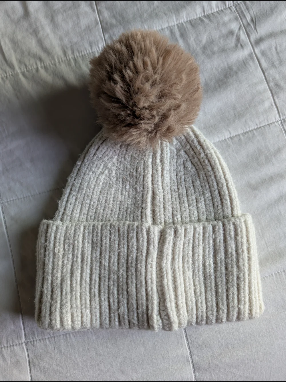 Steve Madden Cream Knit Pom Beanie with Tan Pom